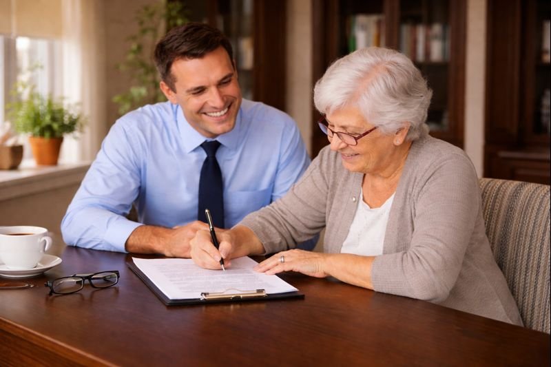 Inscripción - Adulto mayor revisando formulario con agente